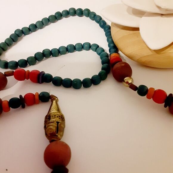 📿VINTAGE 70'S WOODEN BRASS BOHO HIPPIE STYLE NECKLACE 📿 - Picture 9 of 11